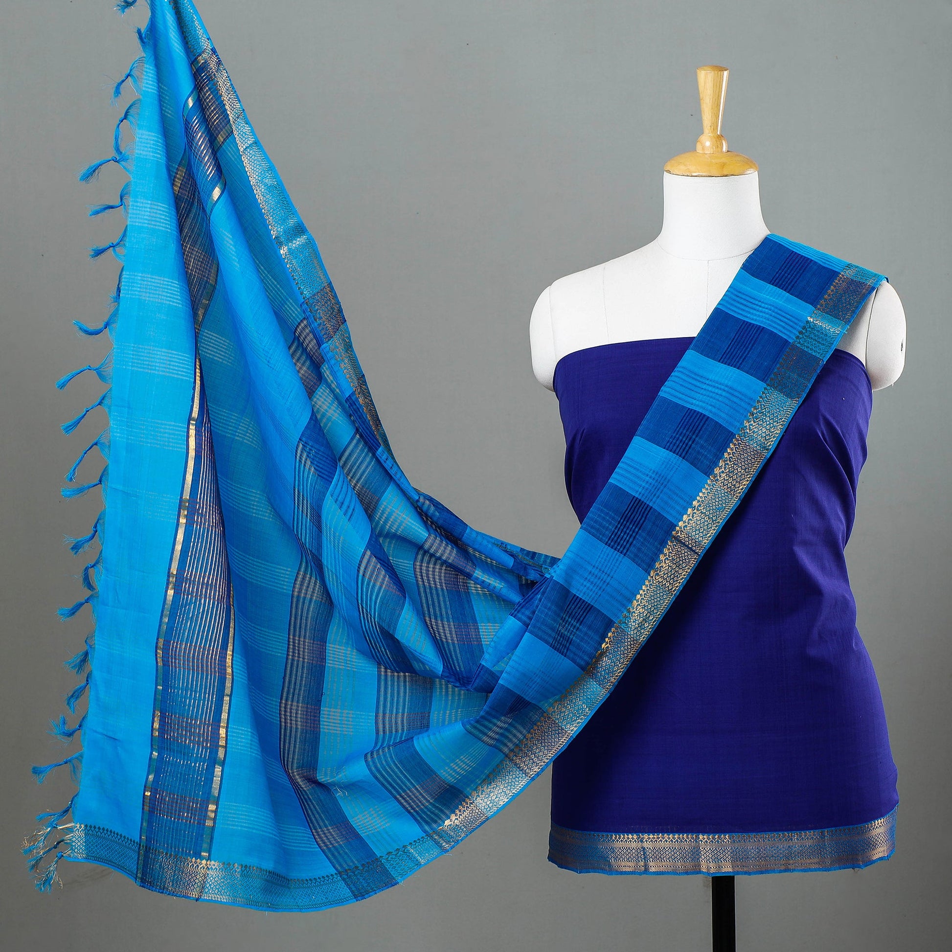 3pc Mangalagiri Handloom Cotton Suit Material Set with Zari Border
