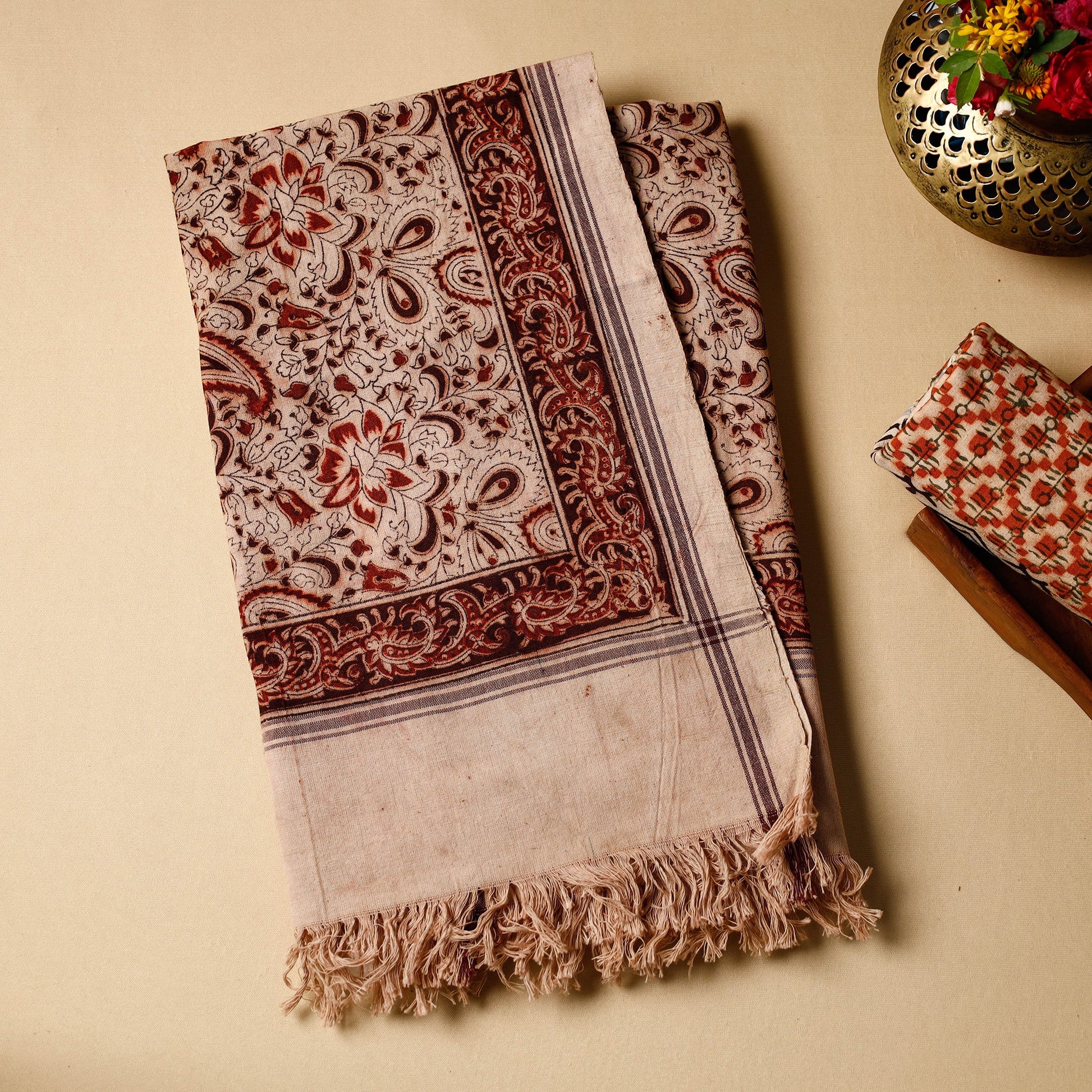 Beige - Pedana Kalamkari Block Printed Handloom Cotton Towel