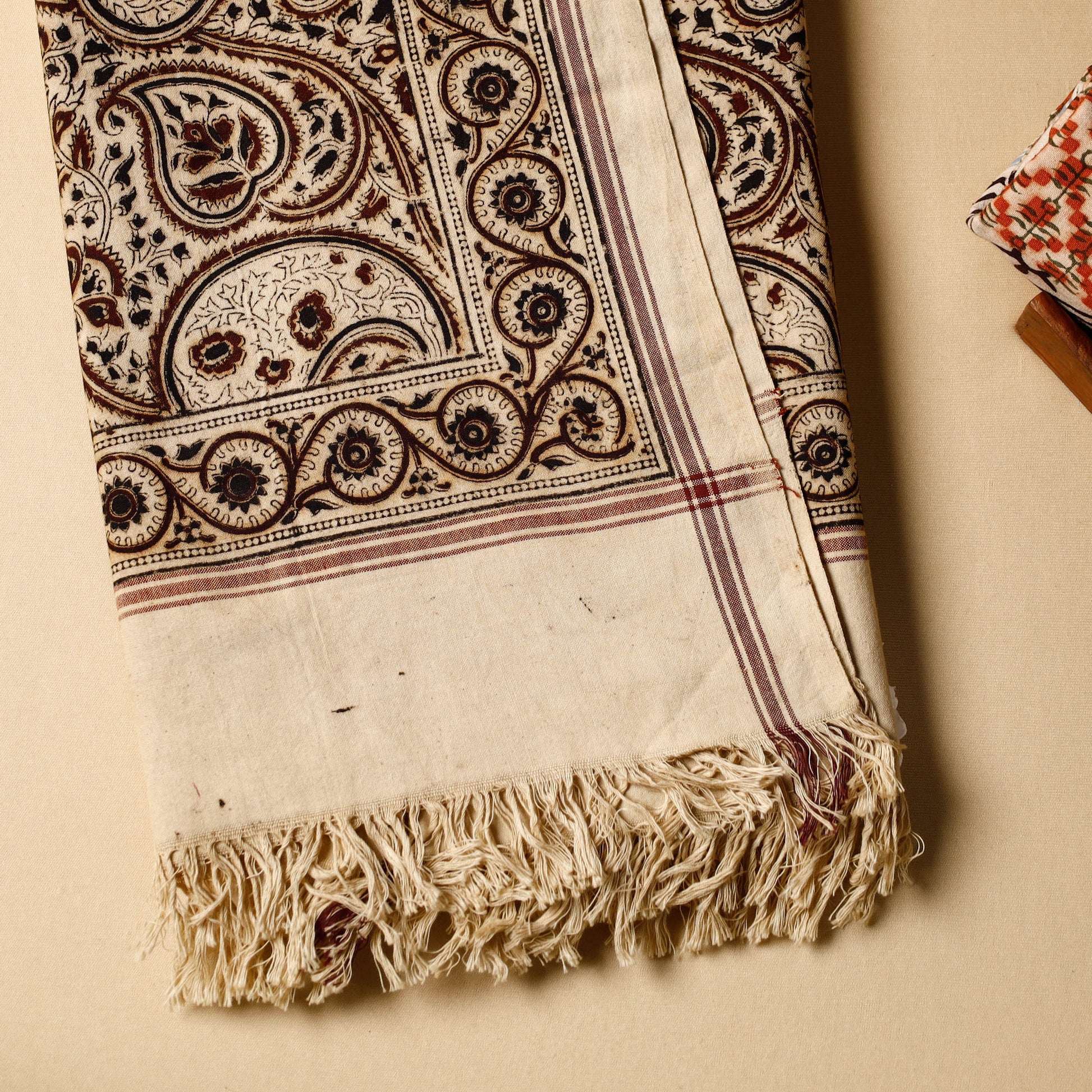 Beige - Pedana Kalamkari Block Printed Handloom Cotton Towel