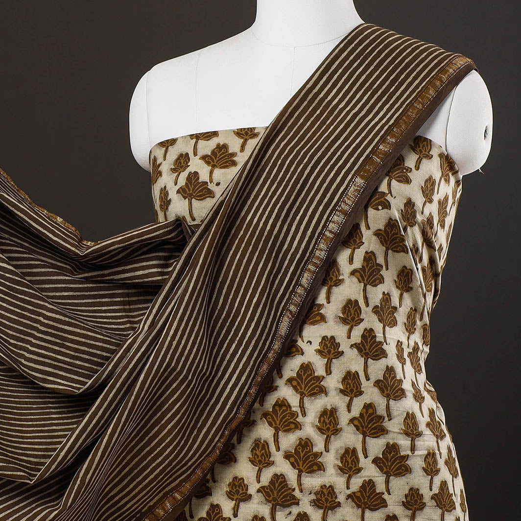 Brown - 3pc Akola Block Printed Cotton Suit Material Set