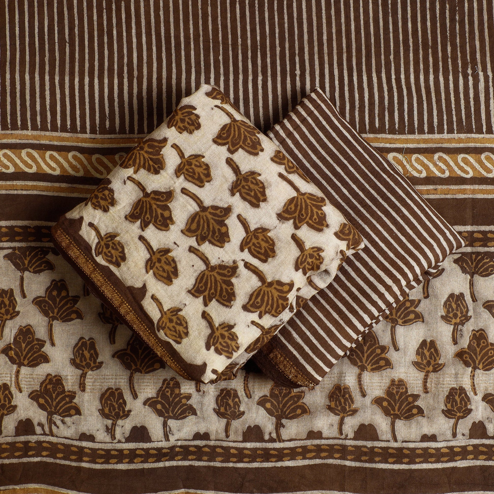 Brown - 3pc Akola Block Printed Cotton Suit Material Set