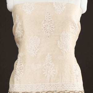Beige - Lucknow Chikankari with Parsi Style Embroidery Chanderi Silk Kurta Material - 3.15 Meter