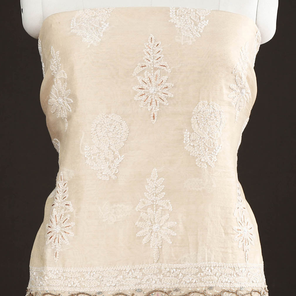 Beige - Lucknow Chikankari with Parsi Style Embroidery Chanderi Silk Kurta Material - 3.15 Meter