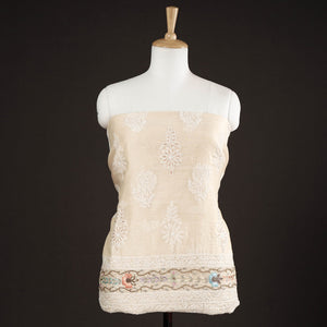 Beige - Lucknow Chikankari with Parsi Style Embroidery Chanderi Silk Kurta Material - 3.15 Meter