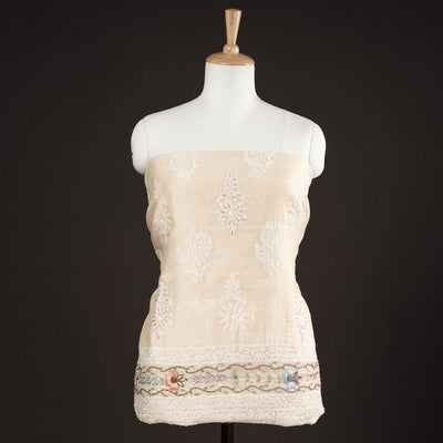 Beige - Lucknow Chikankari with Parsi Style Embroidery Chanderi Silk Kurta Material - 3.15 Meter
