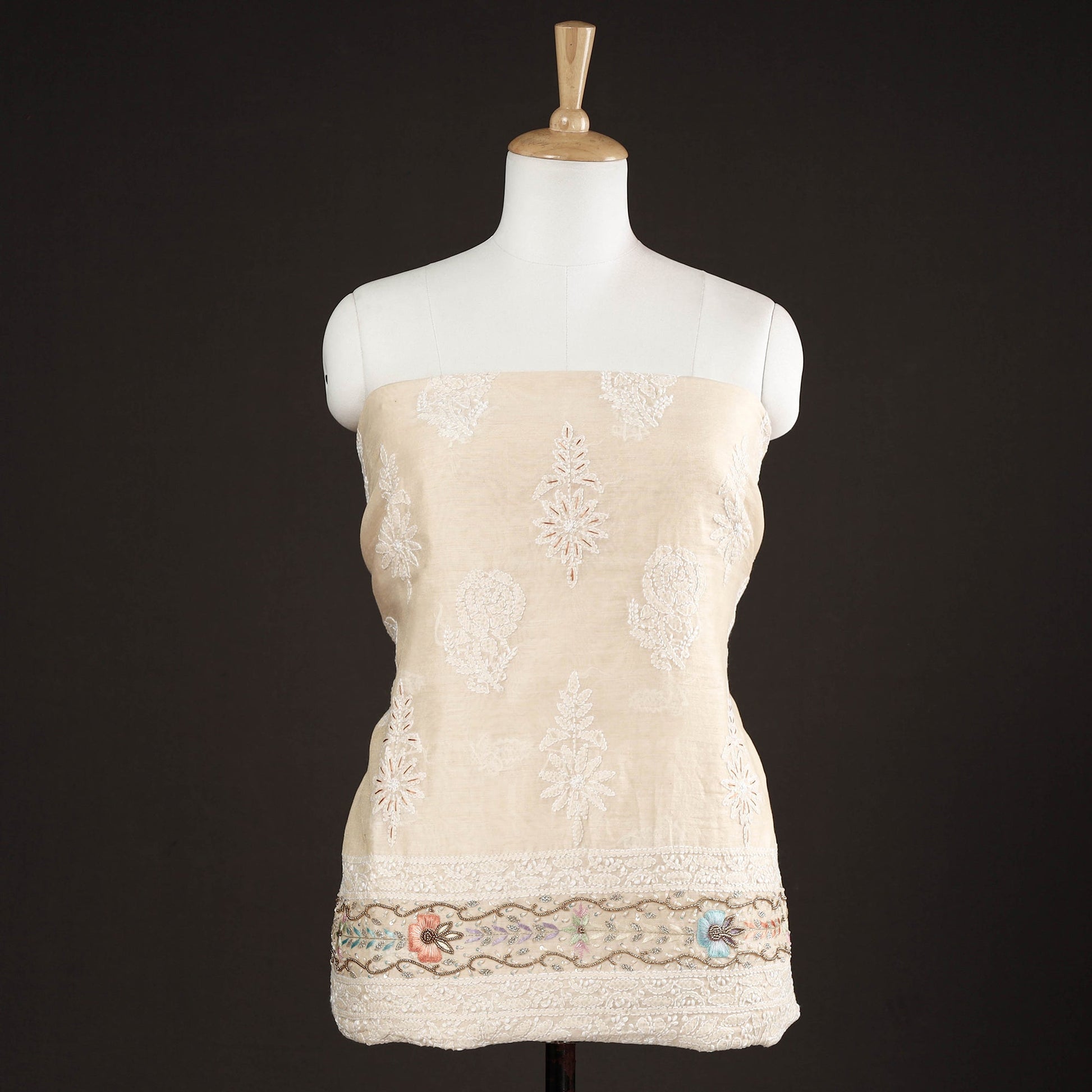 Beige - Lucknow Chikankari with Parsi Style Embroidery Chanderi Silk Kurta Material - 3.15 Meter