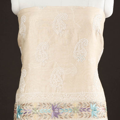 Beige - Lucknow Chikankari with Parsi Style Embroidery Chanderi Silk Kurta Material - 3.1 Meter