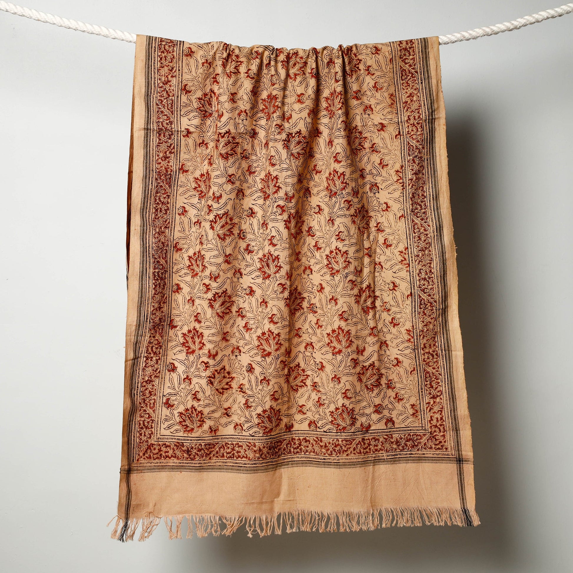 Beige - Pedana Kalamkari Block Printed Handloom Cotton Towel