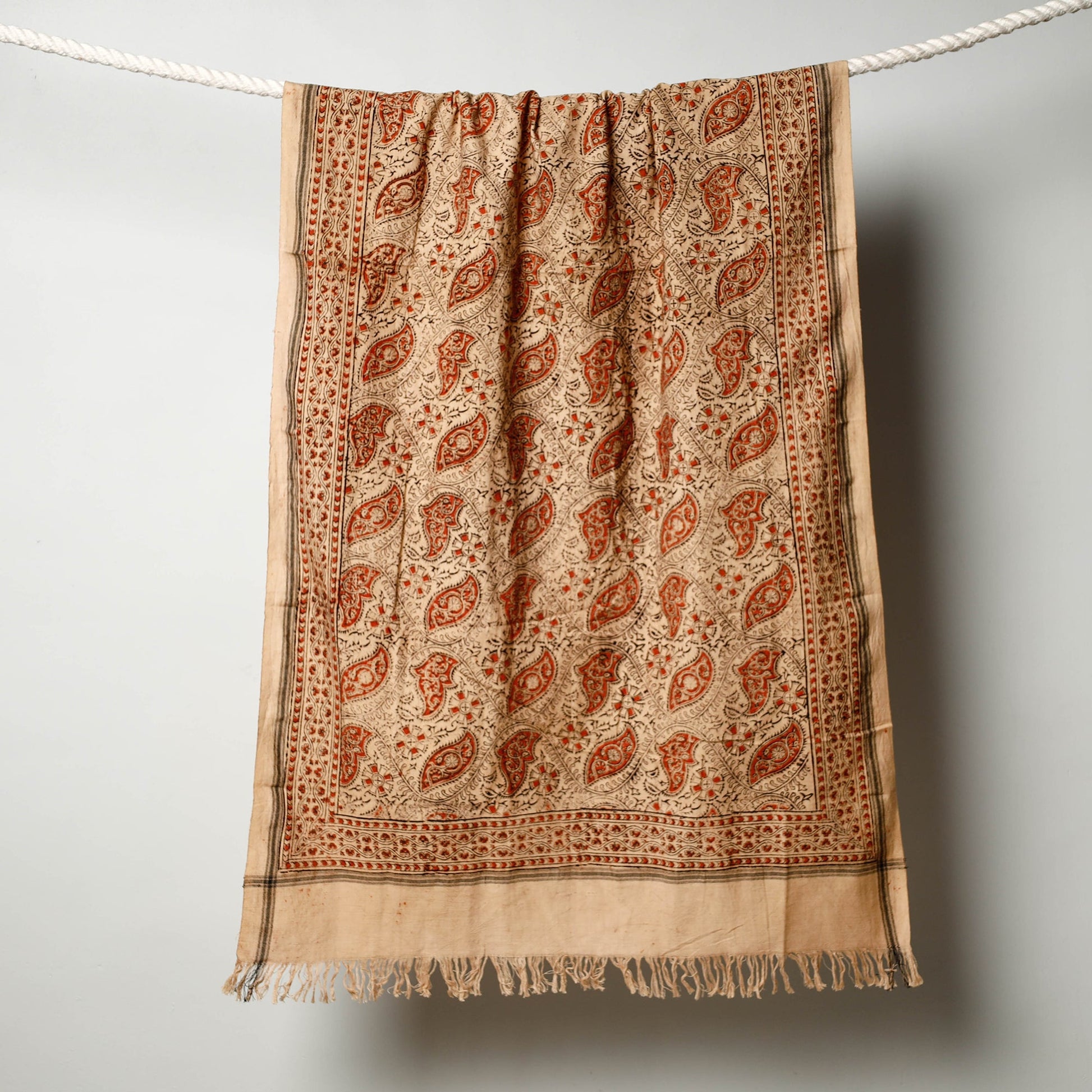 Beige - Pedana Kalamkari Block Printed Handloom Cotton Towel