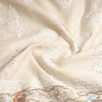 Beige - Lucknow Chikankari with Parsi Style Embroidery Chanderi Silk Kurta Material - 3.15 Meter