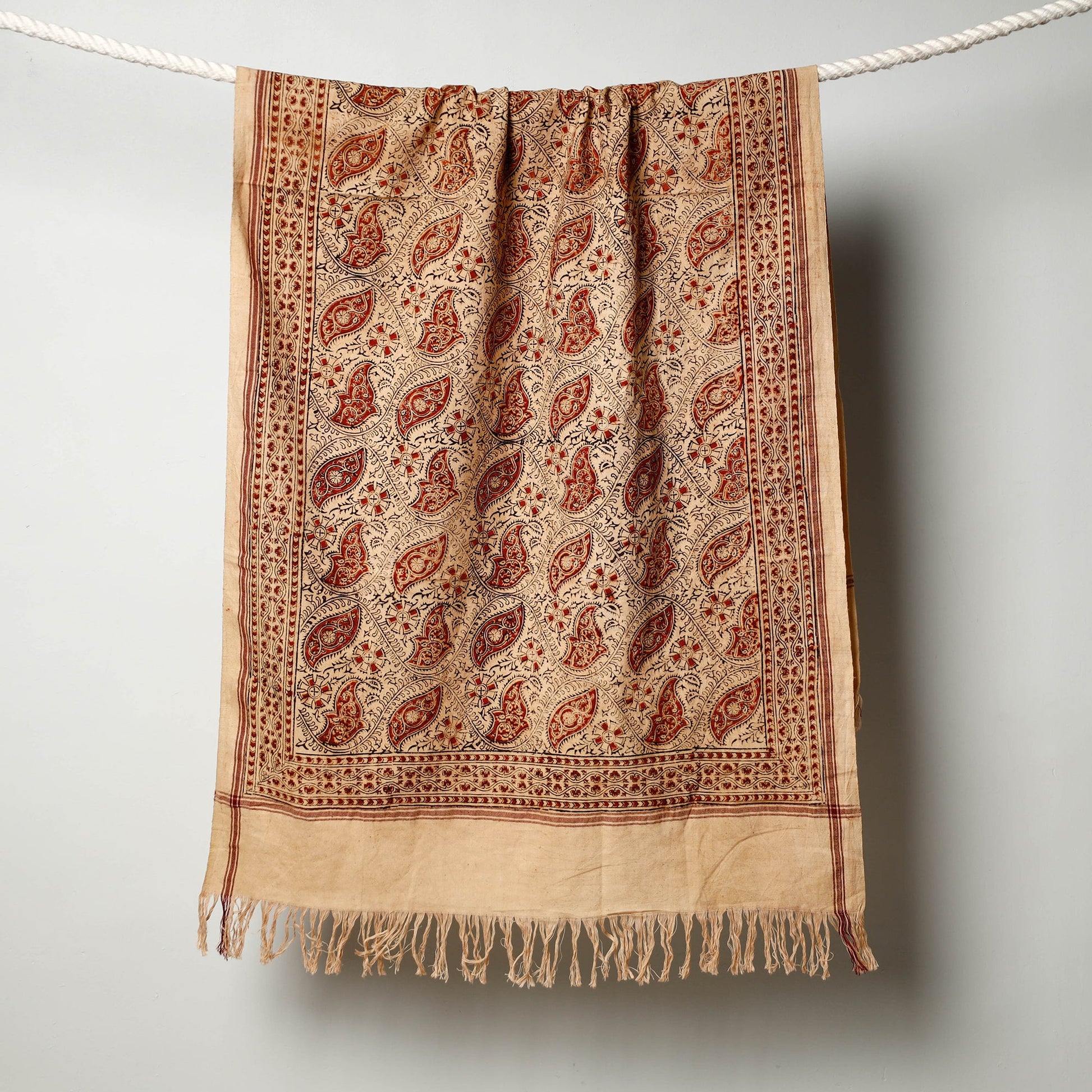 Beige - Pedana Kalamkari Block Printed Handloom Cotton Towel