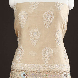 Beige - Lucknow Chikankari with Parsi Style Embroidery Chanderi Silk Kurta Material - 3.2 Meter