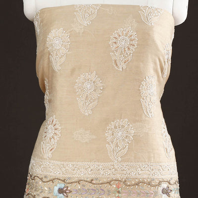 Beige - Lucknow Chikankari with Parsi Style Embroidery Chanderi Silk Kurta Material - 3.2 Meter