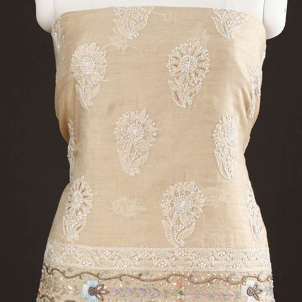 Beige - Lucknow Chikankari with Parsi Style Embroidery Chanderi Silk Kurta Material - 3.2 Meter