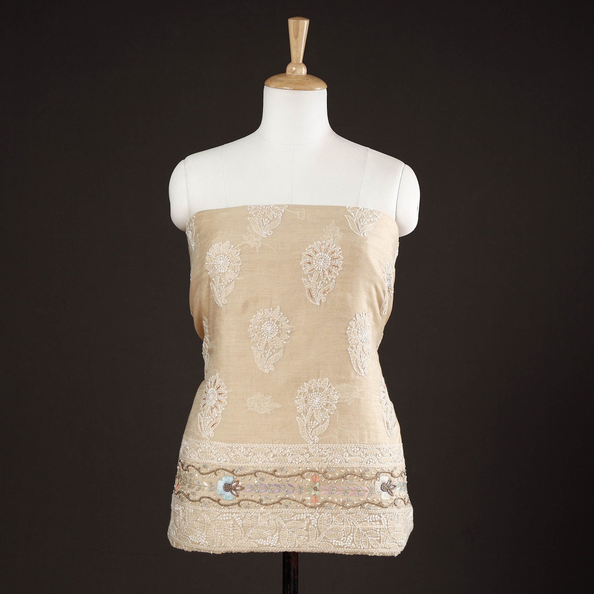Beige - Lucknow Chikankari with Parsi Style Embroidery Chanderi Silk Kurta Material - 3.2 Meter