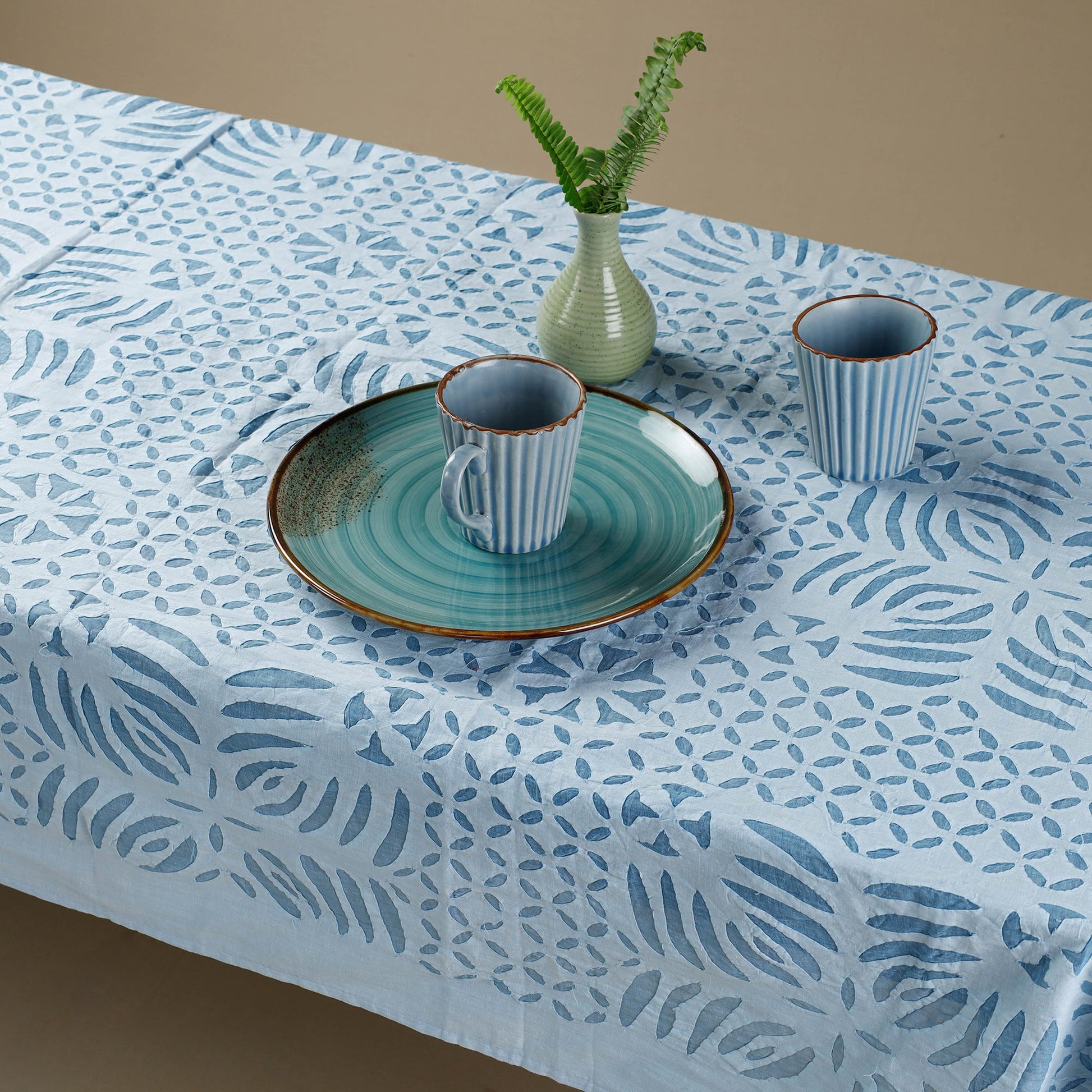 Blue - Applique Cutwork Cotton Table Cover - 4 Seater
