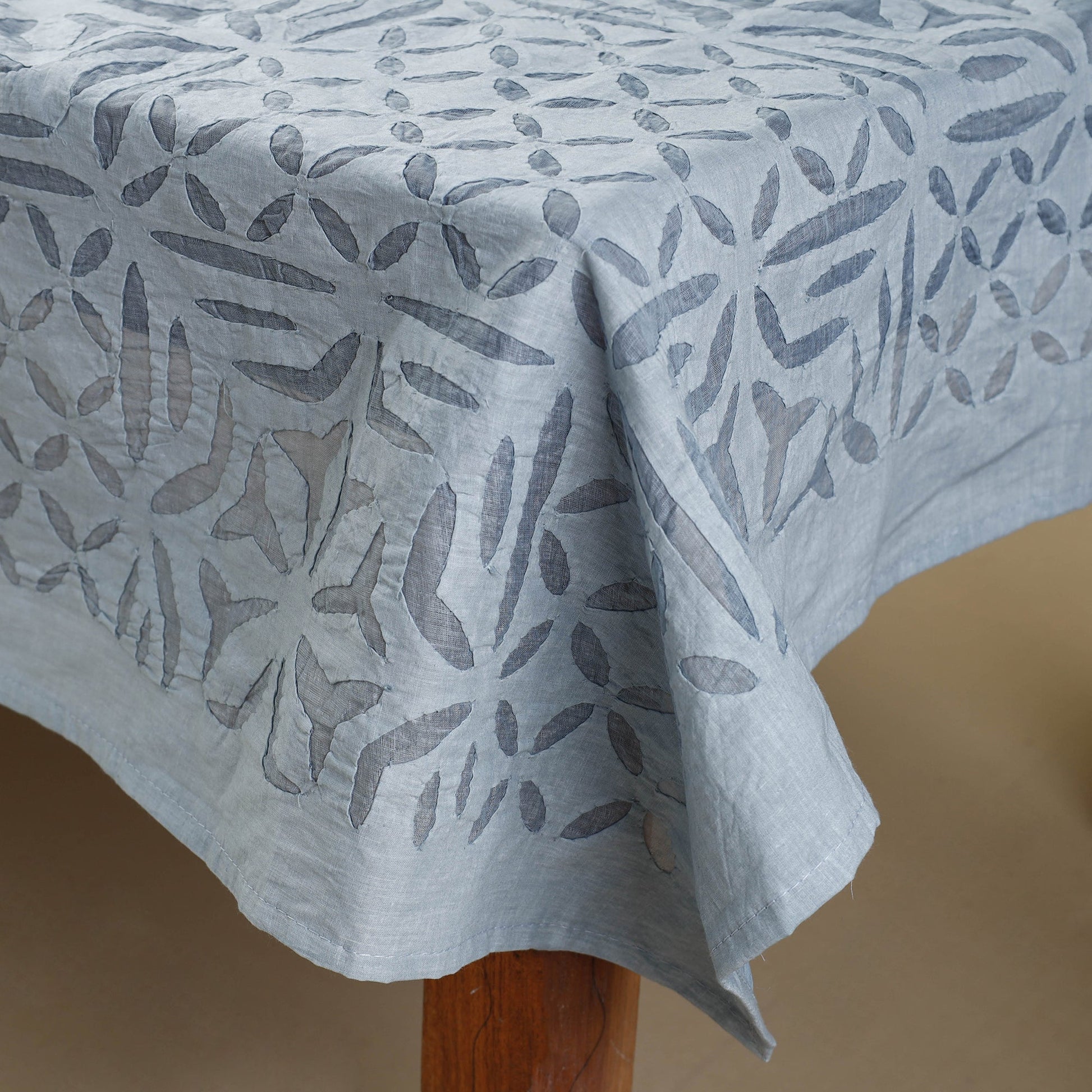 Blue - Applique Cutwork Cotton Table Cover - 4 Seater