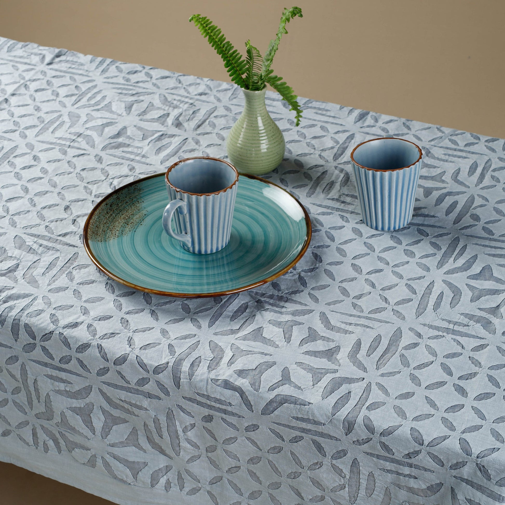 Blue - Applique Cutwork Cotton Table Cover - 4 Seater