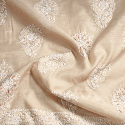 Beige - Lucknow Chikankari with Parsi Style Embroidery Chanderi Silk Kurta Material - 3.2 Meter