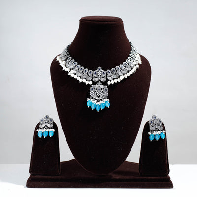 Antique Silver Finish Oxidised Brass Base Stone Work Necklace Set