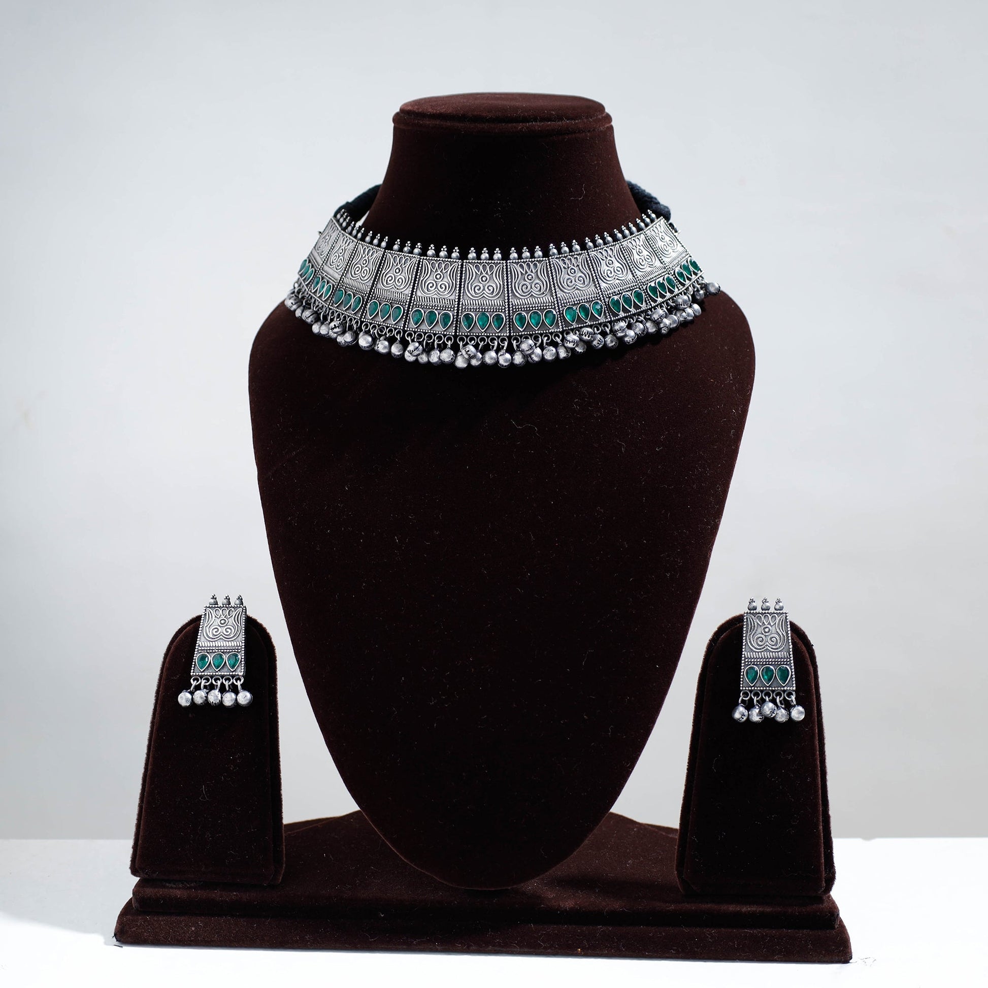 Antique Silver Finish Oxidised Brass Base Choker Necklace Set