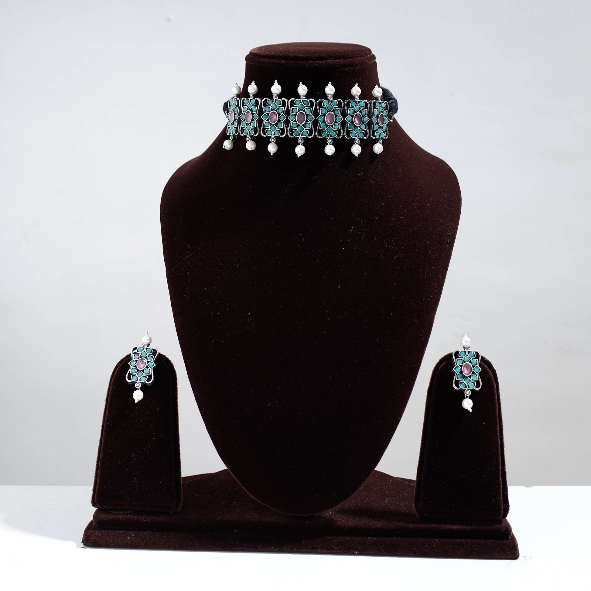 Antique Silver Finish Oxidised Brass Base Stone Work Choker Necklace Set