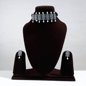 Antique Silver Finish Oxidised Brass Base Stone Work Choker Necklace Set