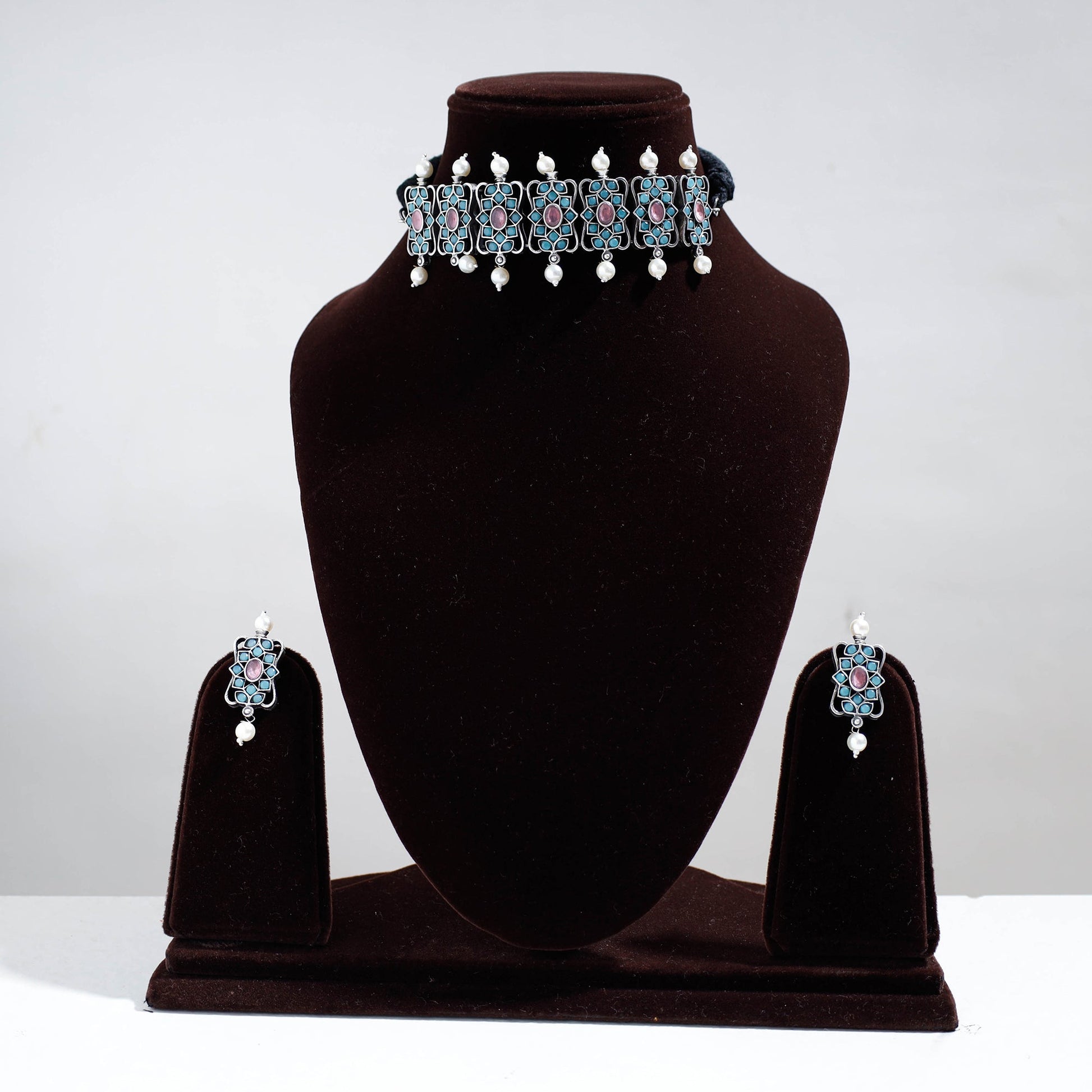 Antique Silver Finish Oxidised Brass Base Stone Work Choker Necklace Set