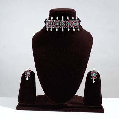 Antique Silver Finish Oxidised Brass Base Stone Work Choker Necklace Set