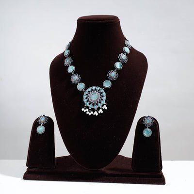 Antique Silver Finish Oxidised Brass Base Stone Work Necklace Set