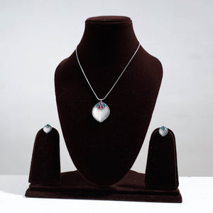 Antique Silver Finish Oxidised Brass Base Stone Work Necklace Set