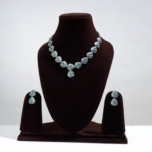 Antique Silver Finish Oxidised Brass Base Stone Work Necklace Set