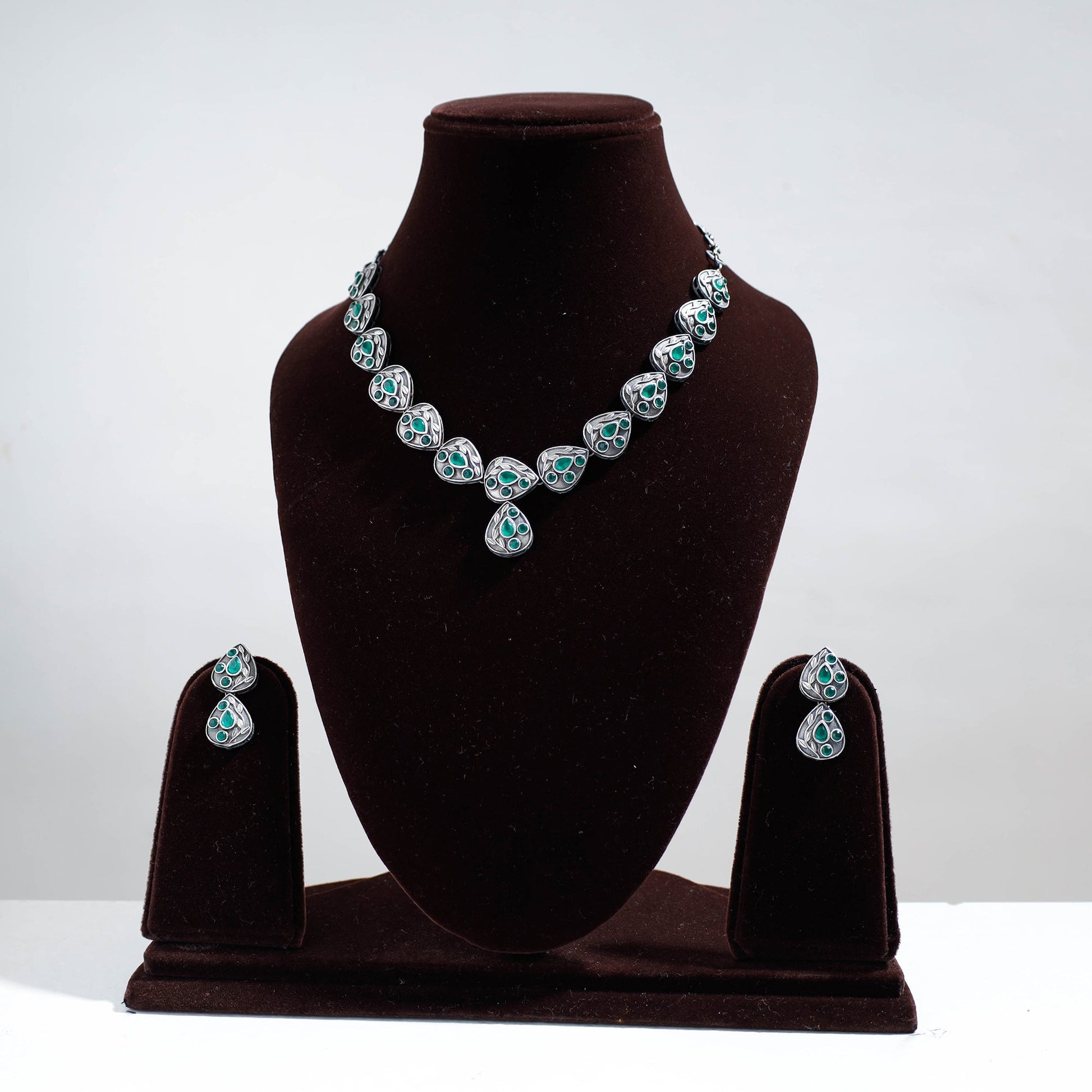 Antique Silver Finish Oxidised Brass Base Stone Work Necklace Set