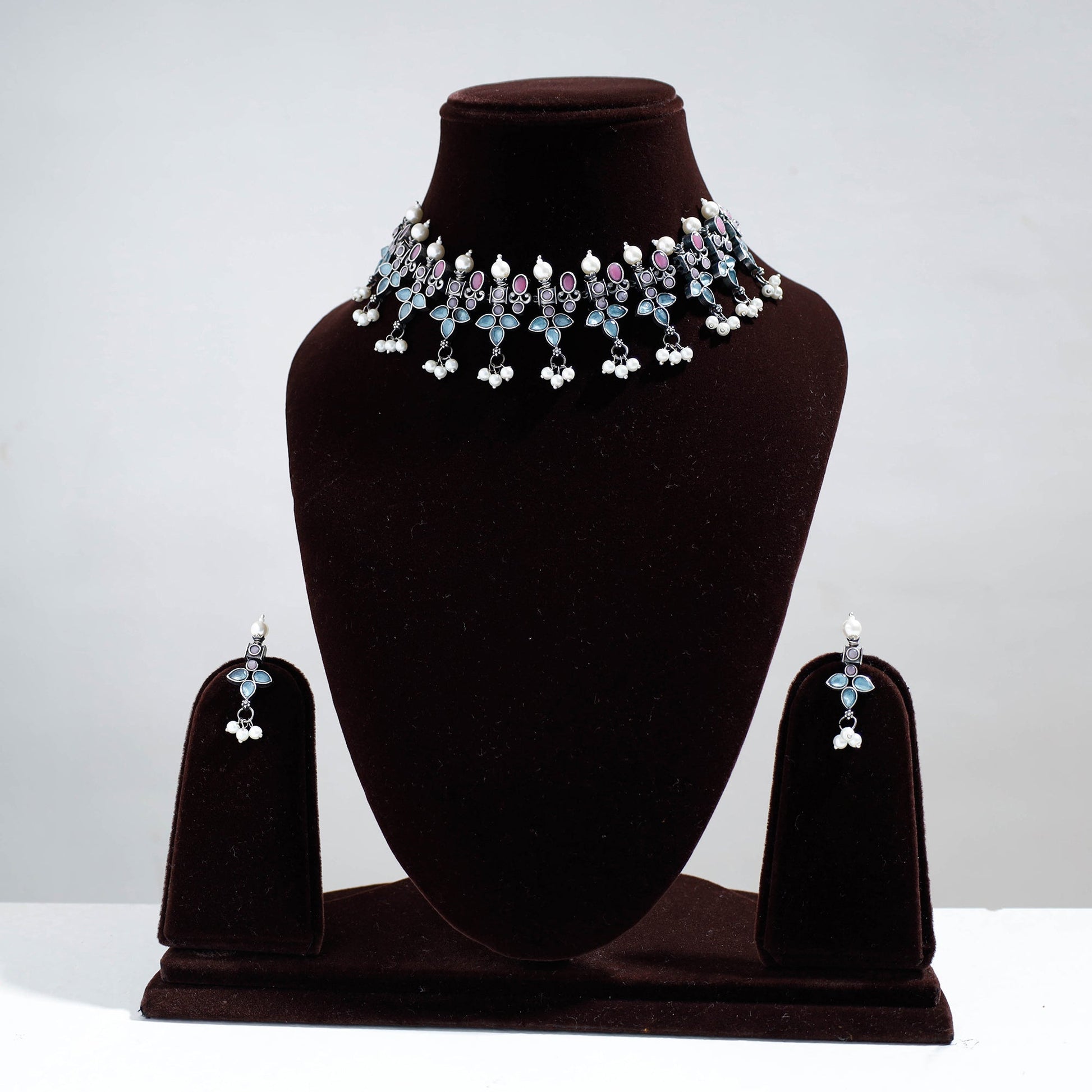 Antique Silver Finish Oxidised Brass Base Stone Work Choker Necklace Set