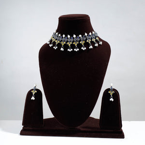 Antique Silver Finish Oxidised Brass Base Stone Work Choker Necklace Set