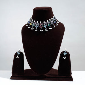 Antique Silver Finish Oxidised Brass Base Stone Work Choker Necklace Set