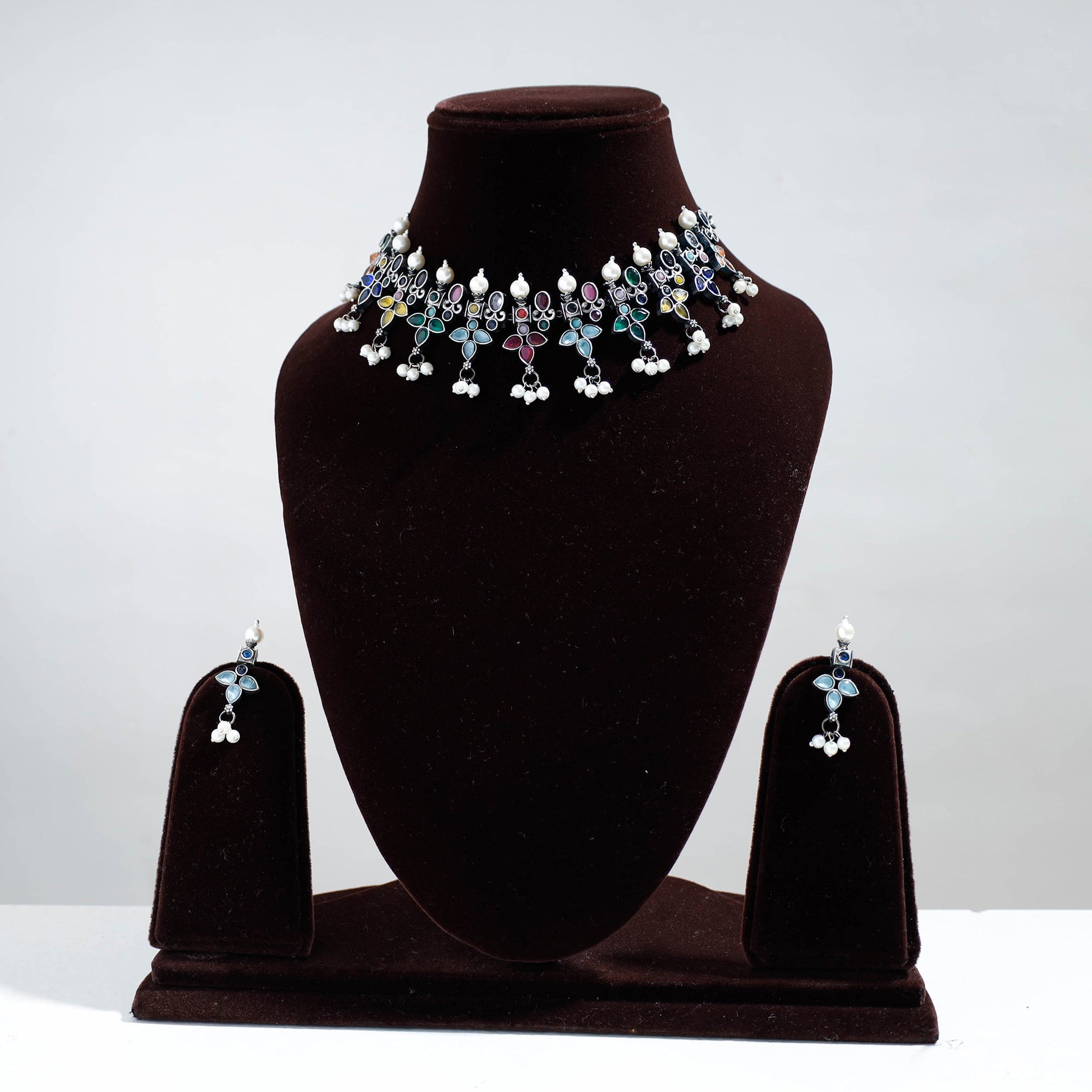 Antique Silver Finish Oxidised Brass Base Stone Work Choker Necklace Set