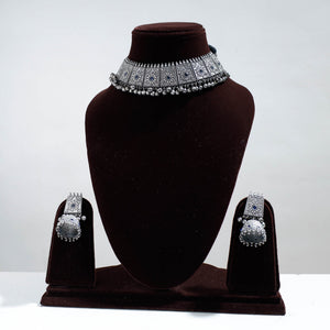 Antique Silver Finish Oxidised Brass Base Choker Necklace Set