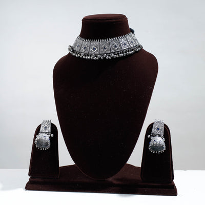 Antique Silver Finish Oxidised Brass Base Choker Necklace Set