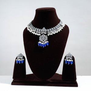 Antique Silver Finish Oxidised Brass Base Stone Work Necklace Set