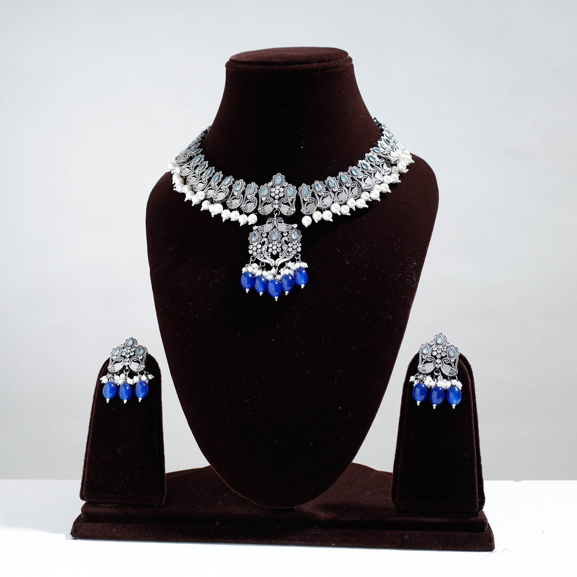 Antique Silver Finish Oxidised Brass Base Stone Work Necklace Set