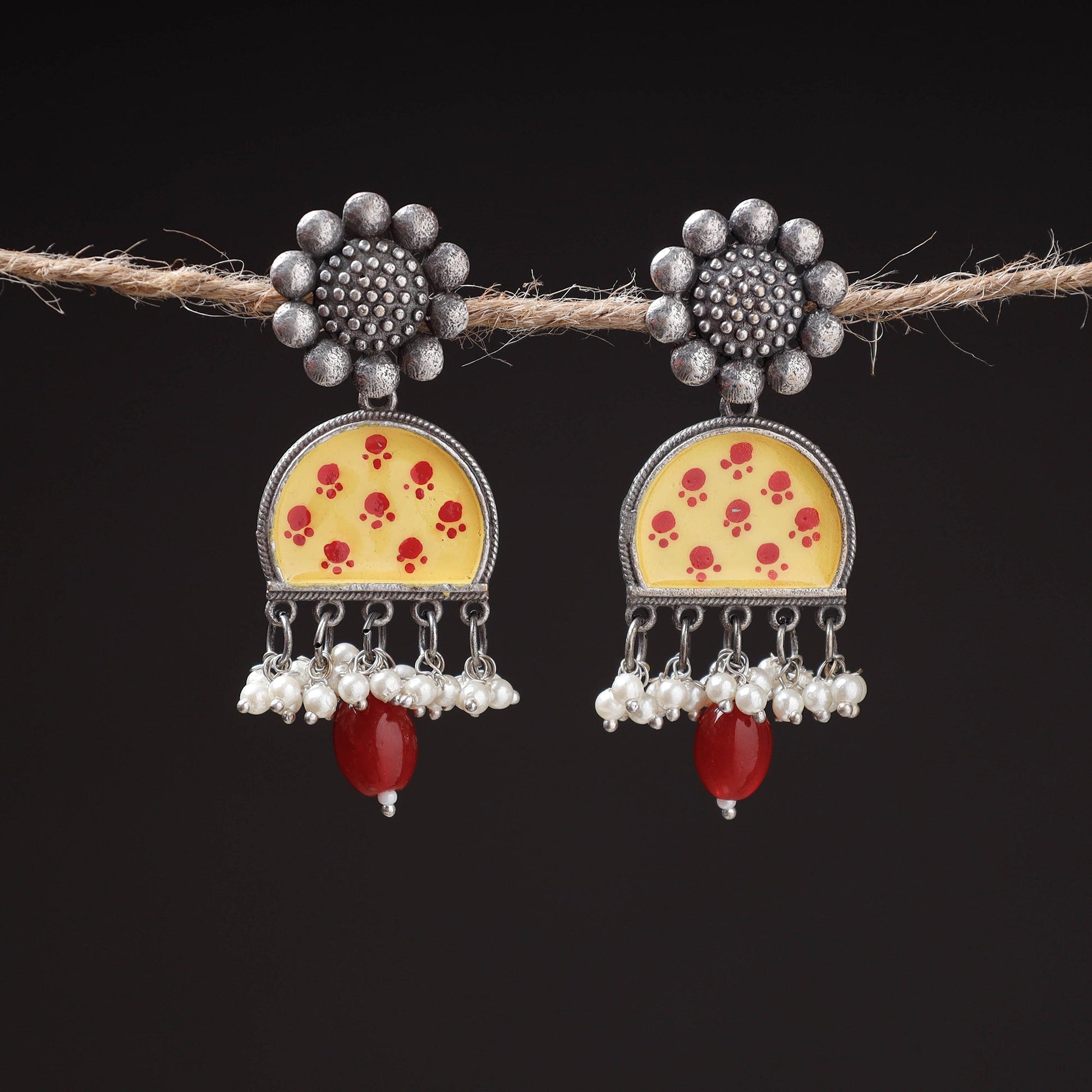 Antique Silver Finish Oxidised Brass Base Enamel Work Earrings