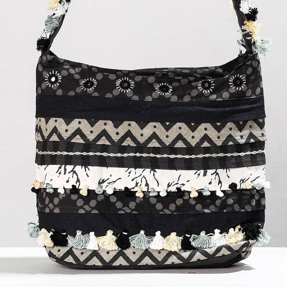 Black - Lambani Mirror Work Hand Embroidery Patchwork Cotton Shoulder Bag