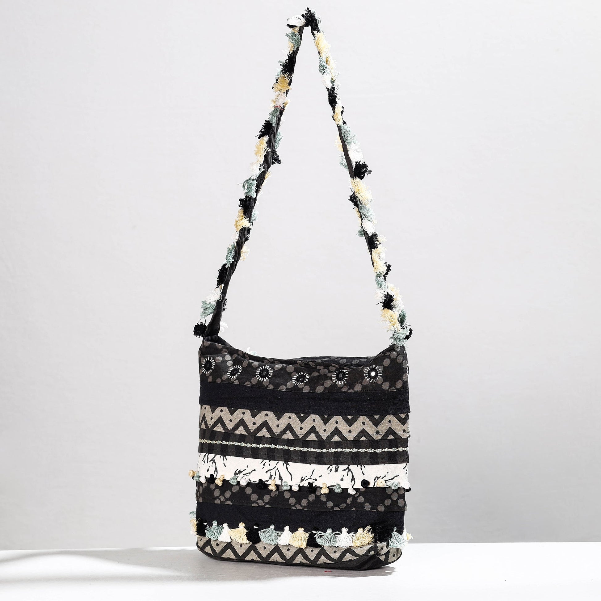 Black - Lambani Mirror Work Hand Embroidery Patchwork Cotton Shoulder Bag