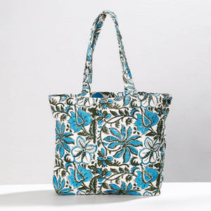 Blue - Hand Block Printed Canvas Cotton Shoulder Bag