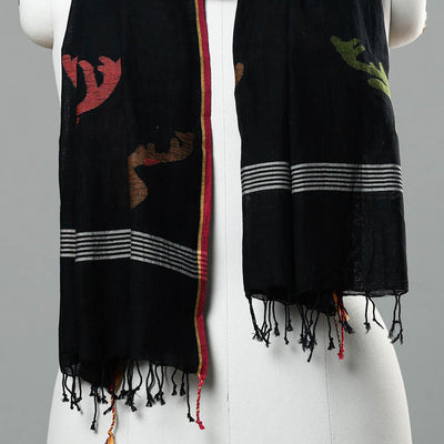 Black - Jamdani Handloom Cotton Stole with Tassels