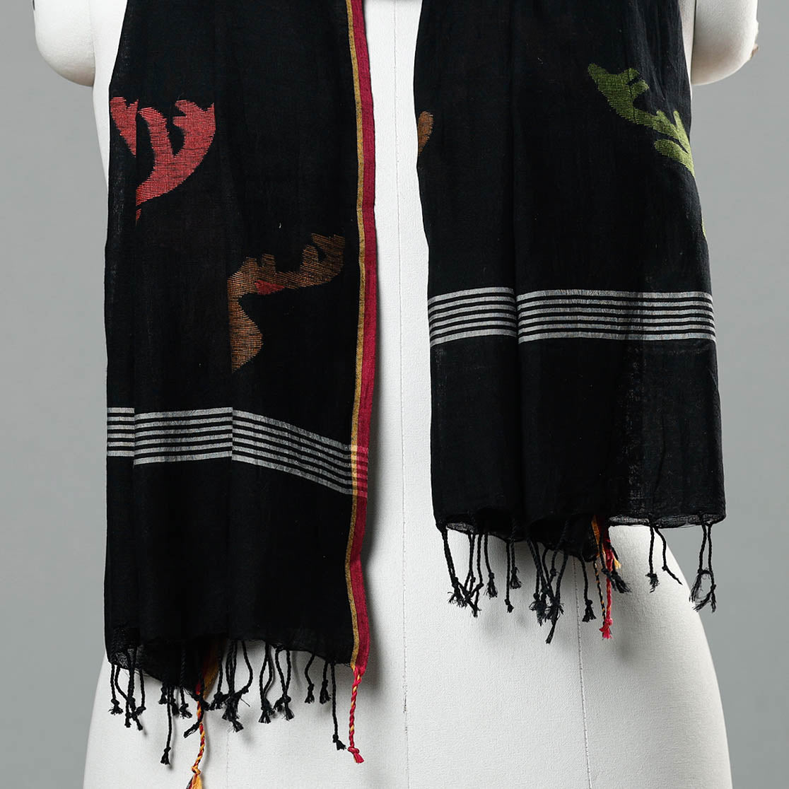 Black - Jamdani Handloom Cotton Stole with Tassels