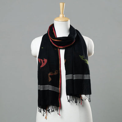 Black - Jamdani Handloom Cotton Stole with Tassels