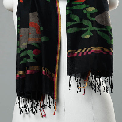 Black - Jamdani Handloom Cotton Stole with Tassels