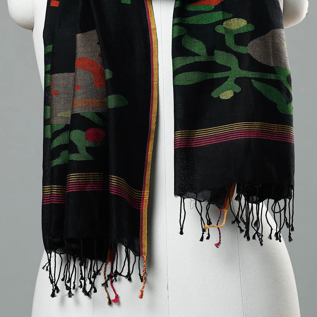 Black - Jamdani Handloom Cotton Stole with Tassels
